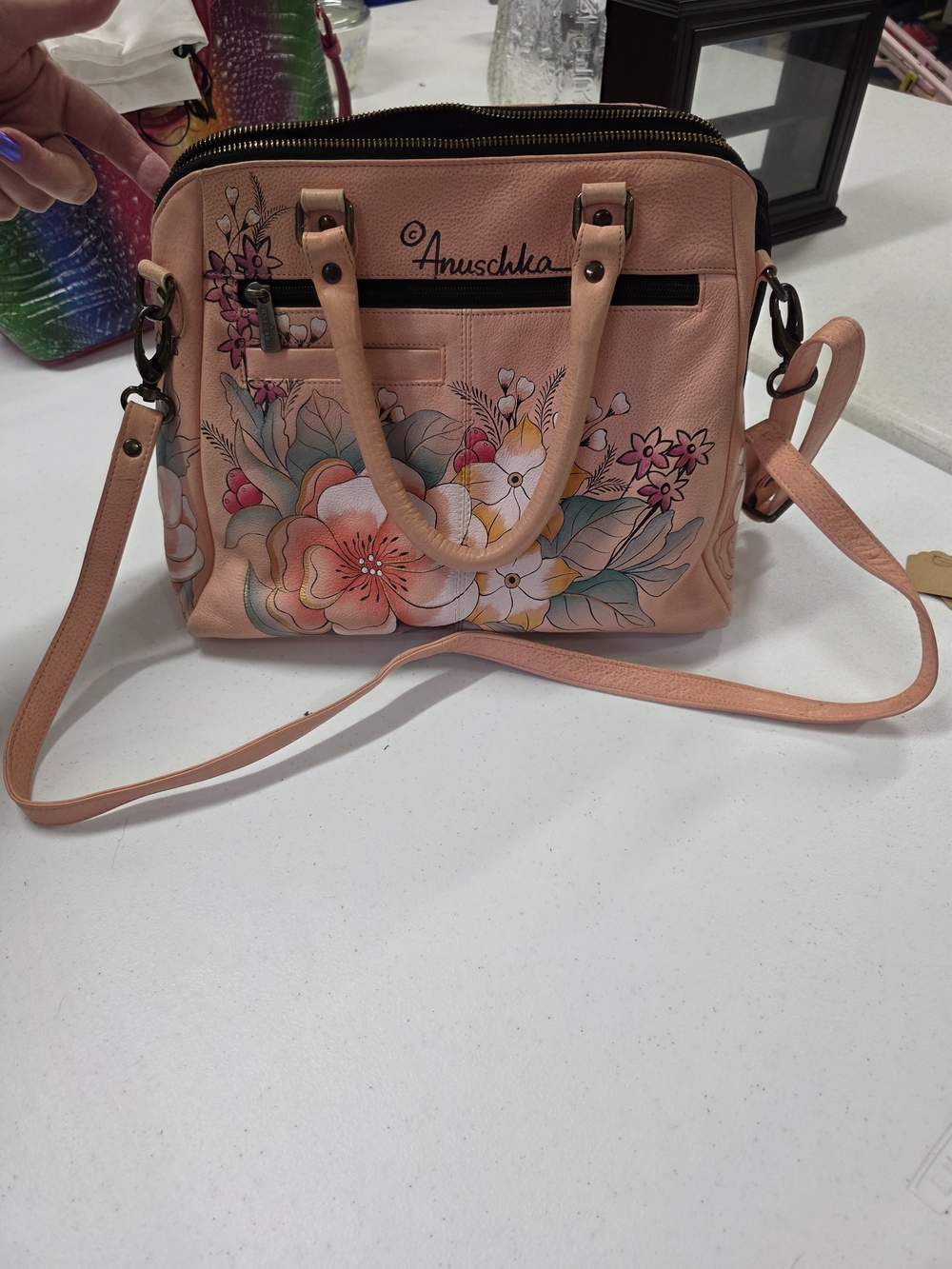 Anuschka Peach Floral Leather Crossbody Satchel